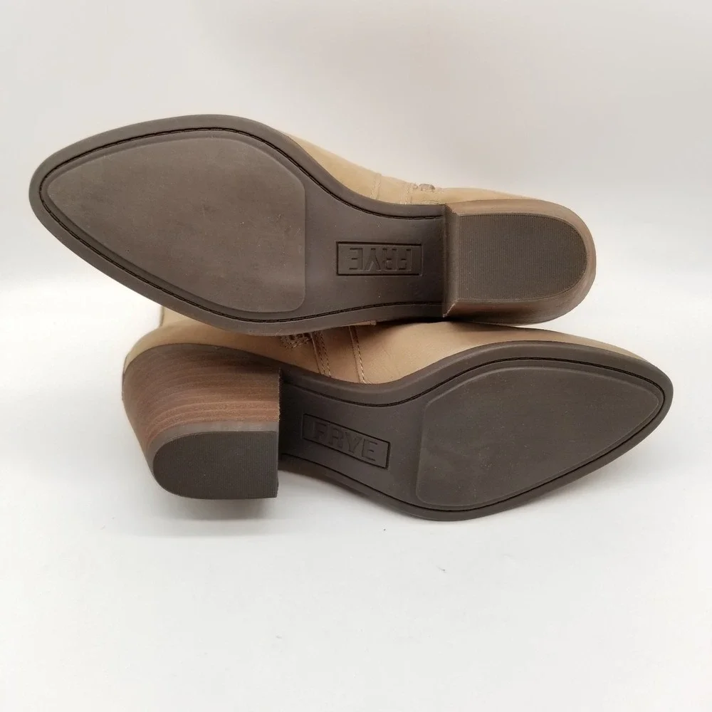 Frye Women Sandra Ankle‎ Boots Booties Sz 9 M Taupe Leather Side Zip Block Heel